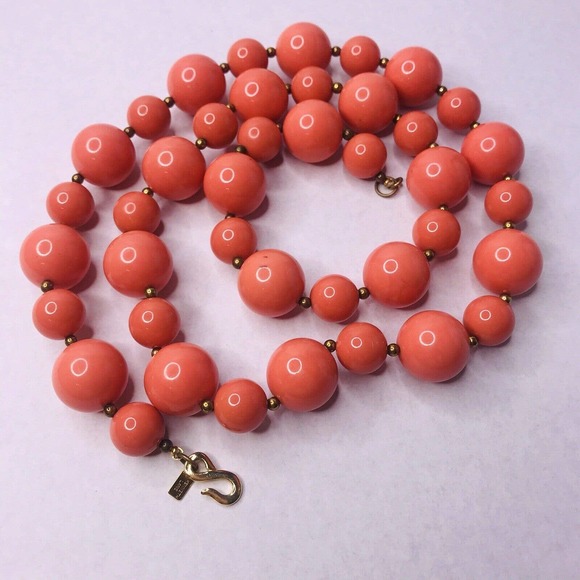 Vtg KJL Necklace Orange Peach Pink Bead Lucite Chunky 36